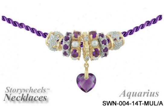 14k Two-tone Aquarius Storywheel Necklace With Purple Cord