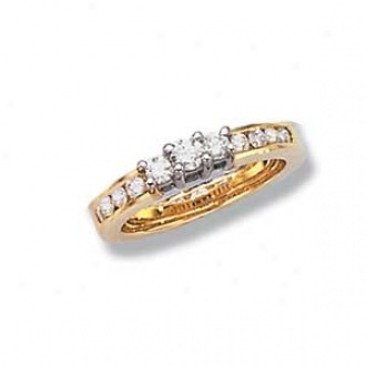 14k Two-tone Round 3-stone Ring With Water-course Set Melee Diamonds