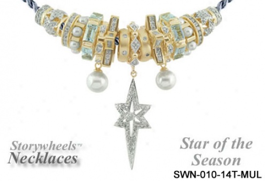14k Two-tone Star Of The Be ~ed Storywheel Necklace With Silver Cord