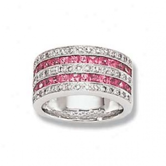 14k White Gold Bead Set Round Diamond And Channel Set Ring With Pink Sapphires