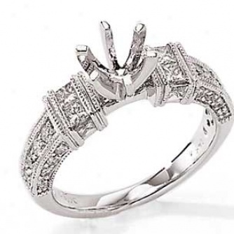 14k White Gold Princess Cut And Round Semi-mount With Milgrain
