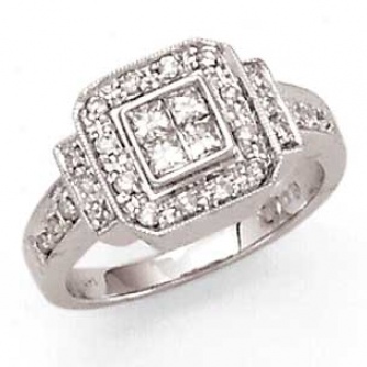 14k White Gold Princess Cut Invisible Round Bead Set Ring