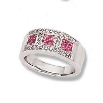 14k White Golf Round Drop Set With Pink Sapphire Invisible Set Band Diamond .33 Ps .90