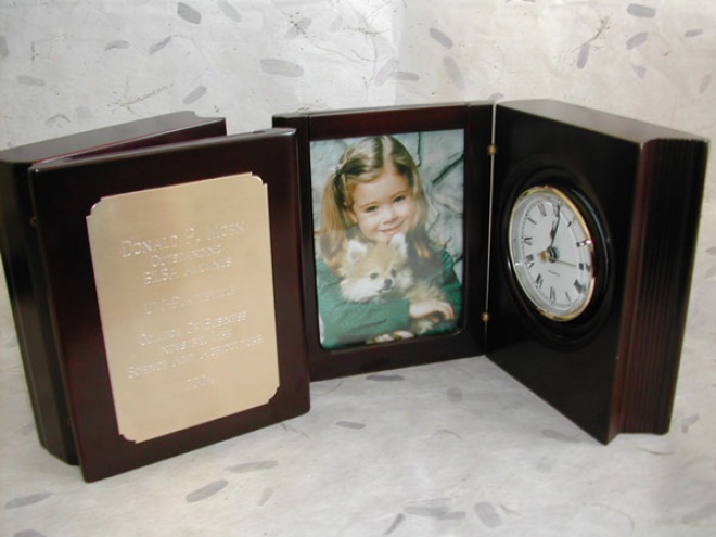 Engraved Rosewood Book Clock Award With Frame