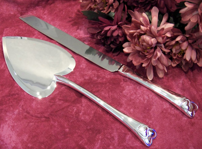 Engraved Silver Heart Shaped Cake Server Set