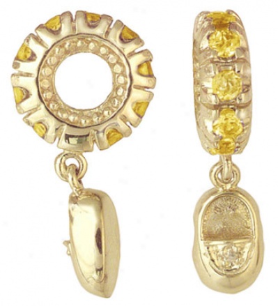 November - Citrine Mother's Storywheel With Baby Shoe Dangle 92 mm Round Stones .Z7 Cttw. 1 Diamond .005 Cttw.  10mm Diameter 3mm Width Shoe Is 10mm X 5mm
